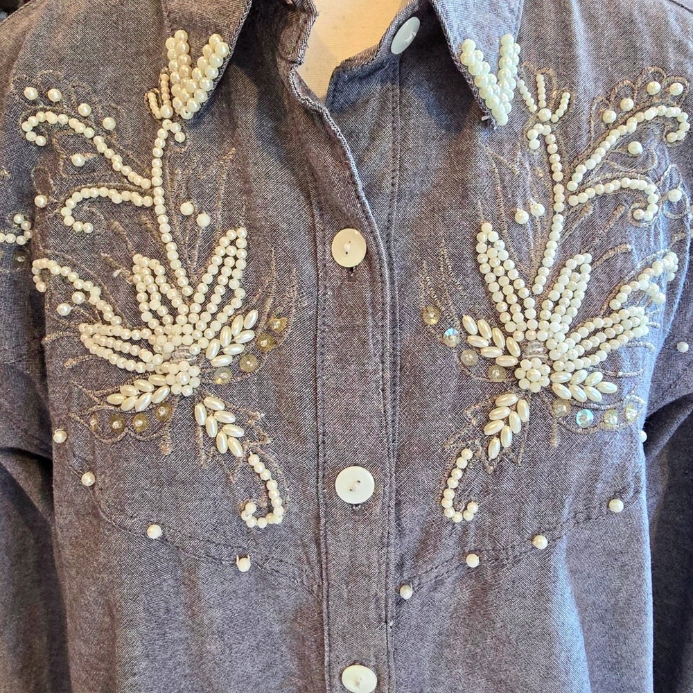Vintage 90s Jane Ashley Pearl Beaded Western Shirt Womens XL‎ Gray Chambray - Picture 2 of 9